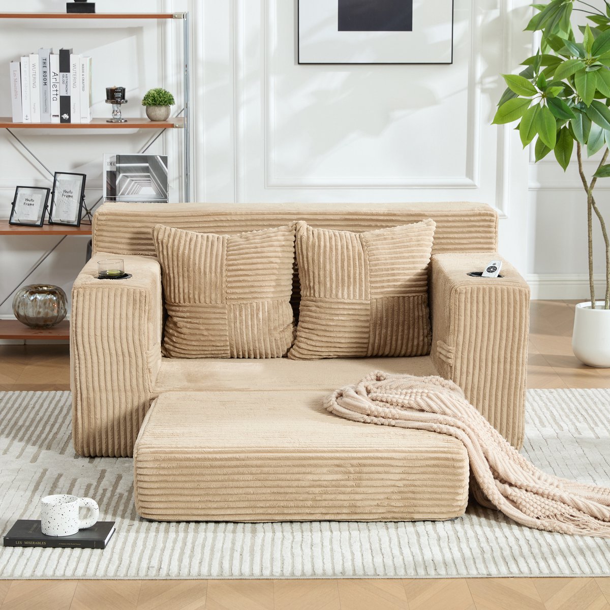 MIVRAY Slaapbank 2-Zits 151 X 133 X 64 Cm - Met 2 Kussens, Bekerhouder En Opbergvakken - Voor Woonkamer En Leeshoek - Corduroy Khaki