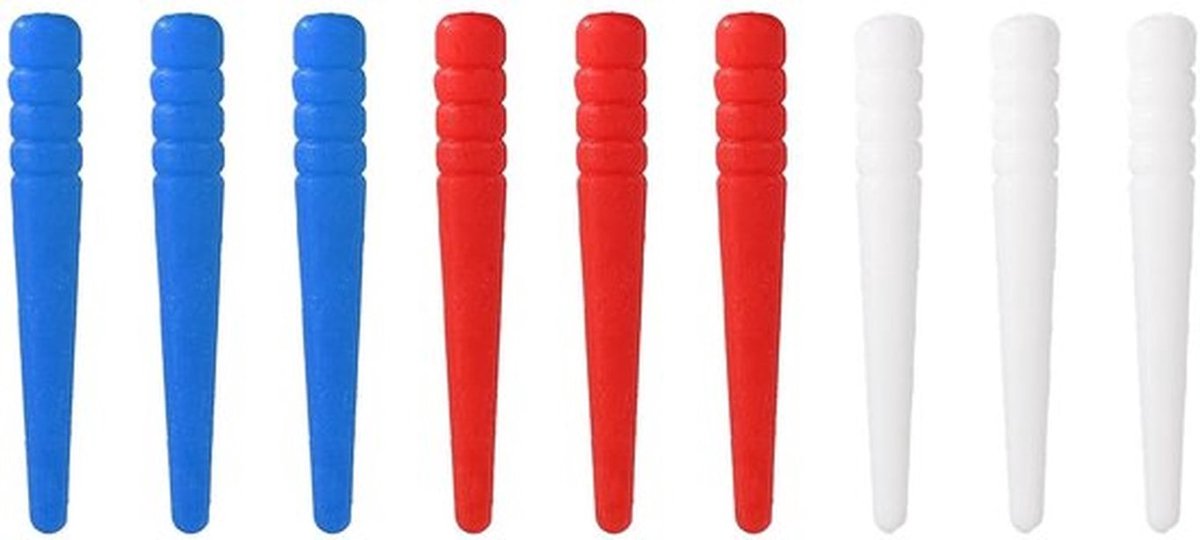 Cribbage-haringen 9 stuks - Kunststof Pennen - Geschikt voor 0,32 cm Gaten - Traditionele Insteekbordset - Kleur: Rood/Blauw/Wit - Lengte 28,5 mm - Spelpennen