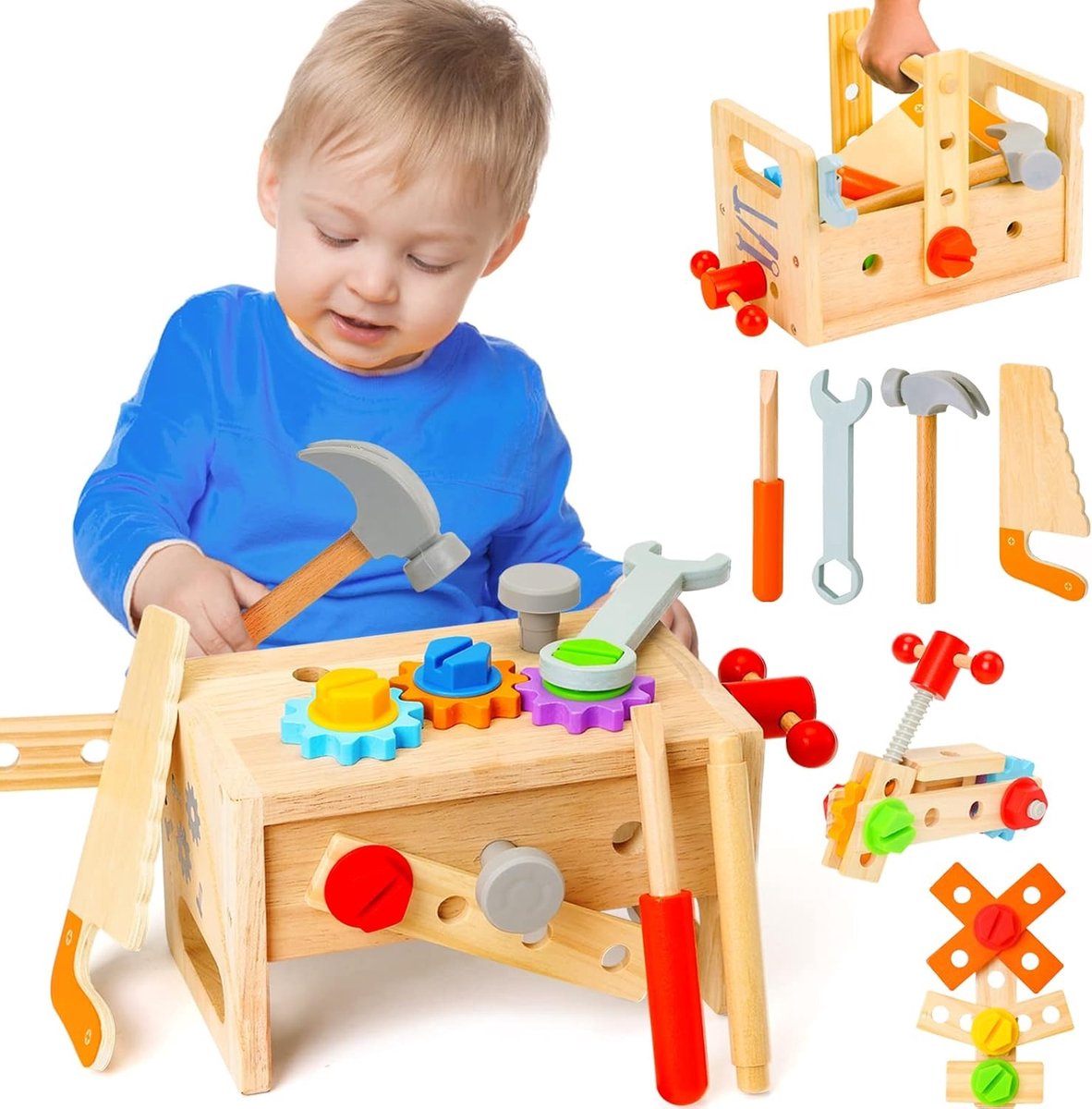 Montessori speelgoed – Houten gereedschapsset voor kinderen – Educatief STEM-speelgoed voor peuters en kleuters (3 jaar), bouw- en leeractiviteiten, cadeau voor jongens en meisjes van 3-4 jaar