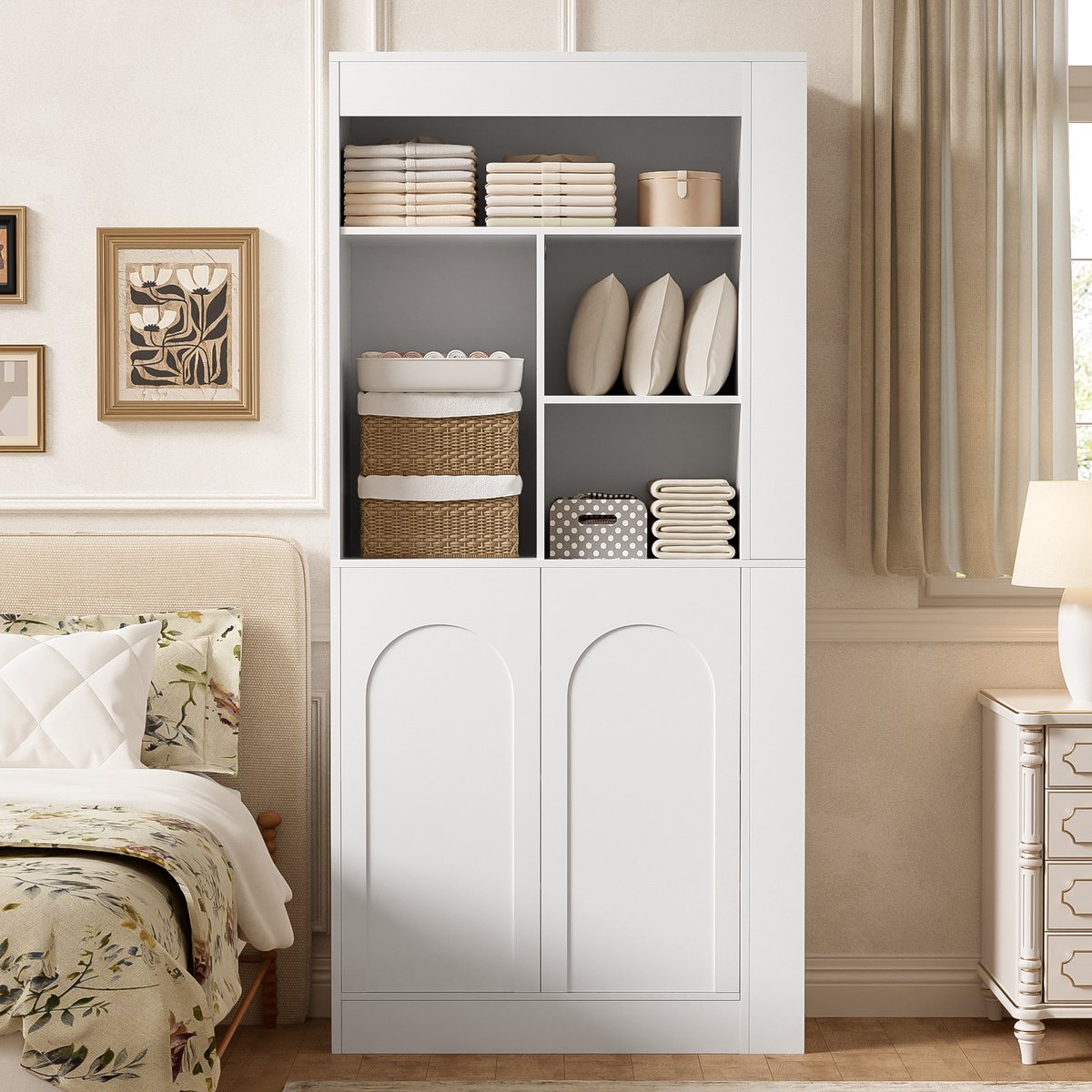 Opbergkast Hoge Kast Met Open Vakken 2 Deuren En Zijvakken Voor Woonkamer Slaapkamer En Hal Wit 85x35x180 Cm