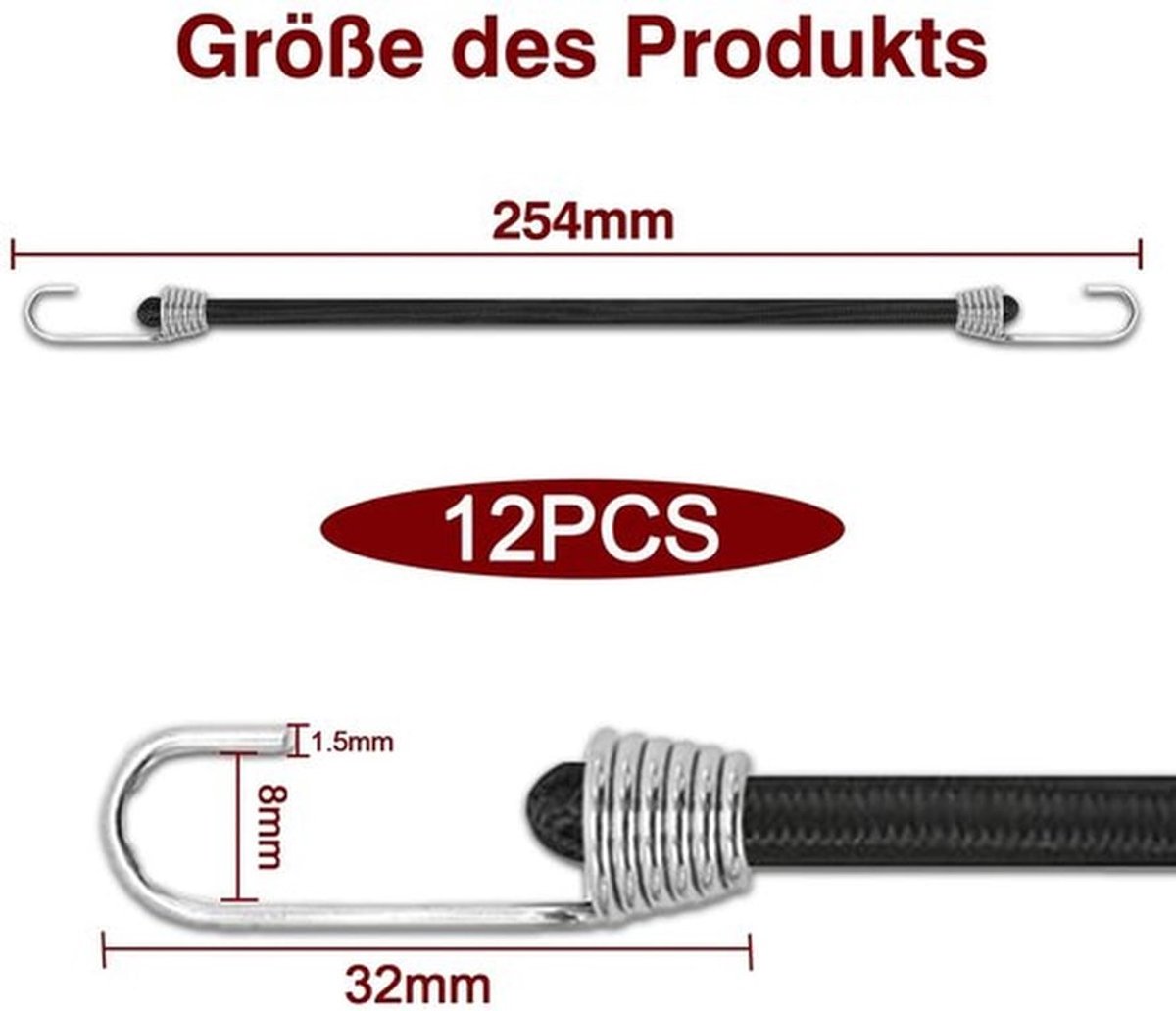 Spanrubber 25 cm - 12 Stuks - Haken - Multifunctionele Bagagespanner - Duurzaam Latex - Ideaal voor Camping/Outdoor - Bungee Cord