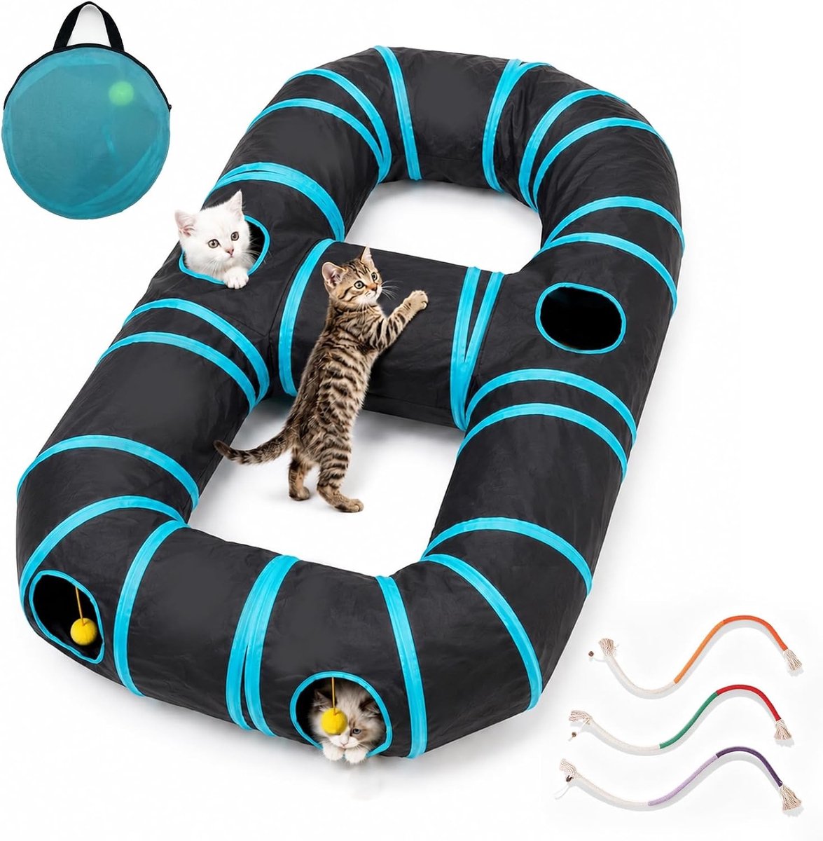 Voerpuzzel voor kat - Zwart met blauwe strepen - 120 x 75 cm - Polyester kattentunnel met hangend speelgoed - Voor kittens en kleine huisdieren