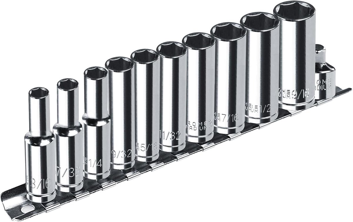 Tehtuy 11-Delige 1/4 Inch Dopsleutelset SAE - Lange 6-Kant Doppen 3/16 tot 9/16 Inch - Met 3/8 naar 1/4 Adapter