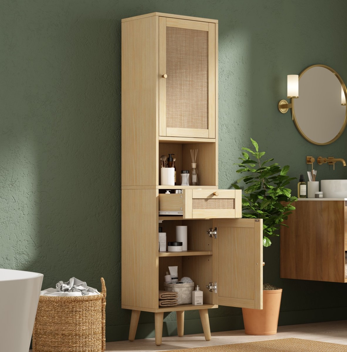 Badkamerkast Hoog Model Met Rieten Deuren En Lade - Vrijstaand Opbergmeubel Met Softclose En Magnetische Sluiting - 40x30x166 Cm - Naturel Houtkleur
