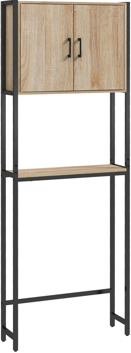 Wasmachinekast, wasmachinerek boven wasmachine toilet, toiletplank met kast verstelbare plank, badkamerplank van hout, met 2 opbergkasten en open legplanken, 64 x 178 x 19 cm