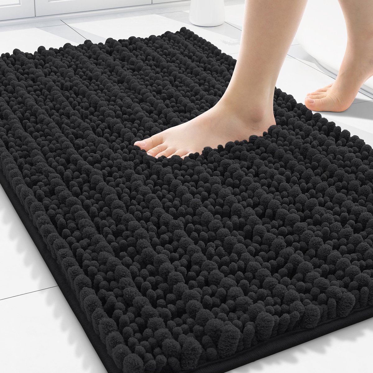 Olanly Badmat Antislip – Chenille Douchemat – Badmat Badkamer – Dik, zacht en absorberend – Zwart – 51X76cm