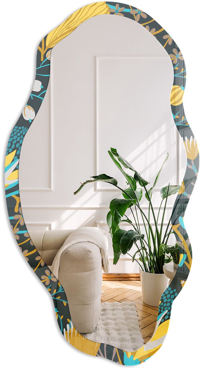 Coloray Plantenpatroon Spiegel - Zwart Moderne Rechthoekige Wandspiegel - Organische Spiegel - Slaapkamer, Woonkamer, Kantoor - Illustratief - 45x90 cm - Totale afmeting 52x97 cm