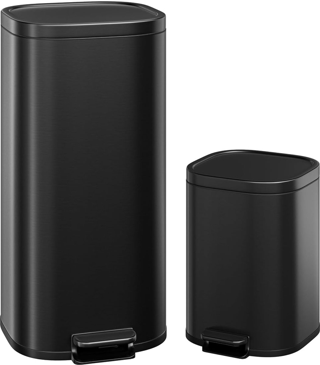 Pedaalemmer RVS Slank 2 Stuks - 30L+6L - Prullenbak Set - Waterdichte Badkamer Prullenbak - Soft Close Deksel - Voor Badkamer En Keuken - Zwart