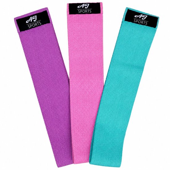 Paarse, roze en cyaan weerstandsbanden van AJ-Sports, elk met een zwart label.