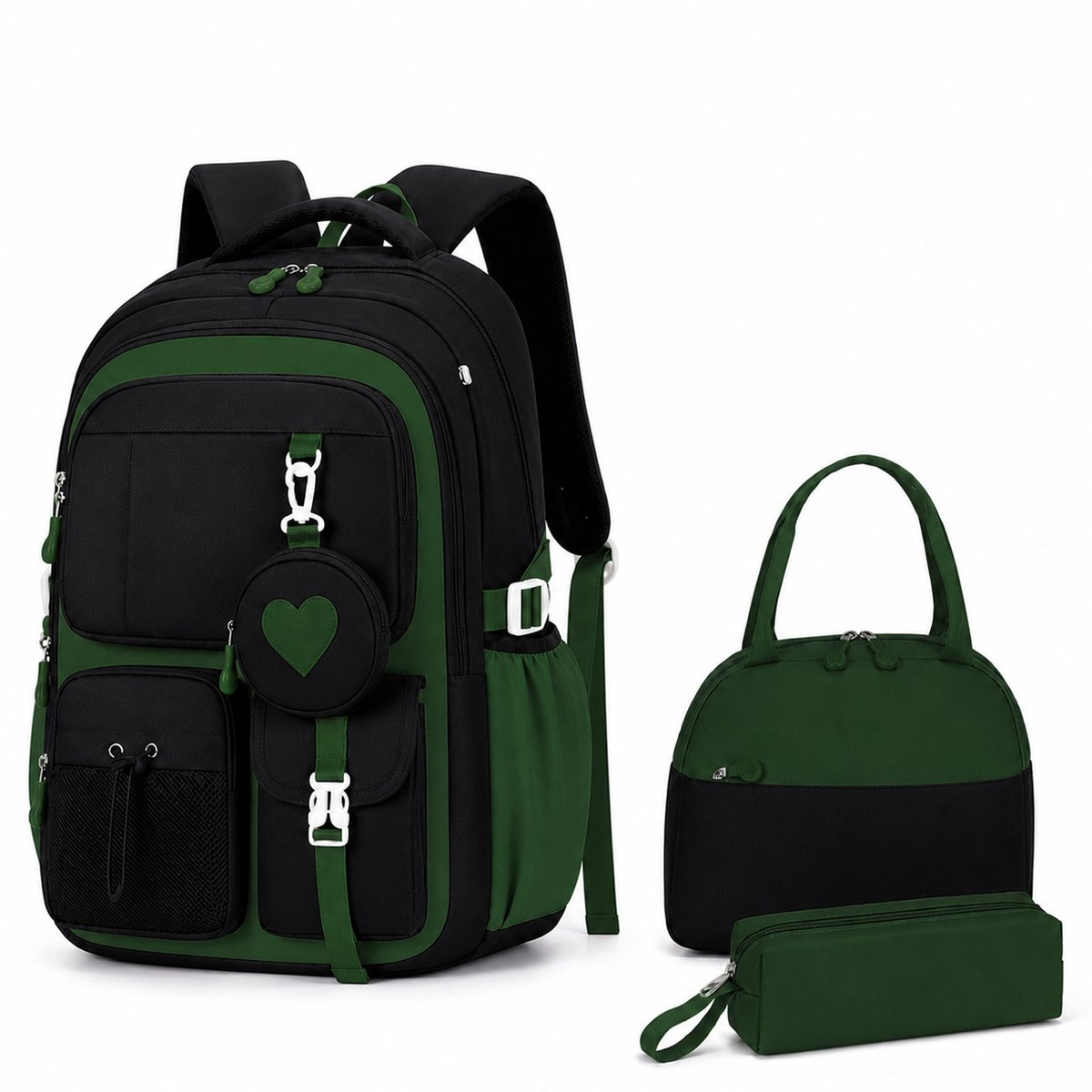 Ulisem - Schooltas voor meisjes - 3 stuks - Waterdichte rugzak voor meisjes - School rugtas - lichtgewicht schooltas - Rugzakken met grote capaciteit voor Meisjes en Jongens - ademende en comfortabele schoolrugzak - Oxford-stof - Groen