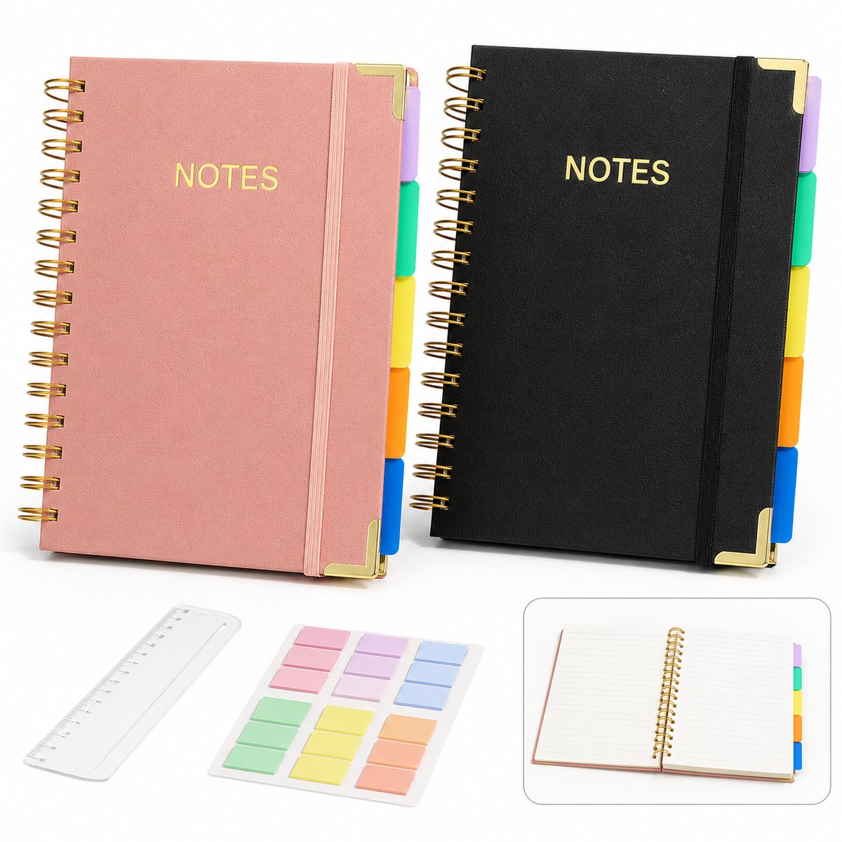 VHV Notitieboek A5 -2 Stuks -150 Vellen - Spiraalnotitieboek- Hardcover Notitieboeken - Uitneembare Tabs, Liniaal en Stickers - Voor School, Studie en Werk - Zwart en Roze