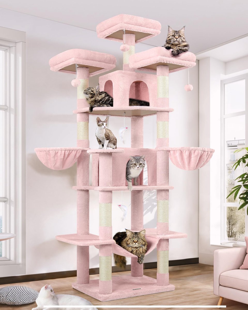Famanu – Kasteel kattenboom van 204 cm met hangmat en kattenhuisje, geschikt voor 2-3 katten