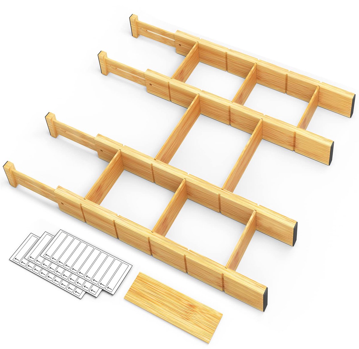 Famanu – ladeverdeler van bamboe met inzetstukken en etiketten, verstelbare lade-organizers, commodes en badkamer, 4 scheidingswanden met 9 inzetstukken (43,2-55,9 cm)