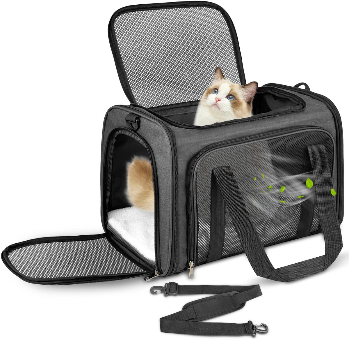Famanu – Transportbox voor honden en katten, zachte kooi met afneembare wasbare mat, schouderriem en opvouwbare tas voor het vliegtuig