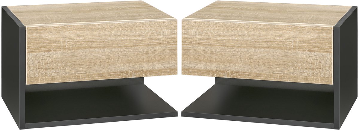 Set van 2 hangende nachtkastjes met schuiflade - tweekleurig - in de kleur zwart eiken - wandnachtkastjes van hout