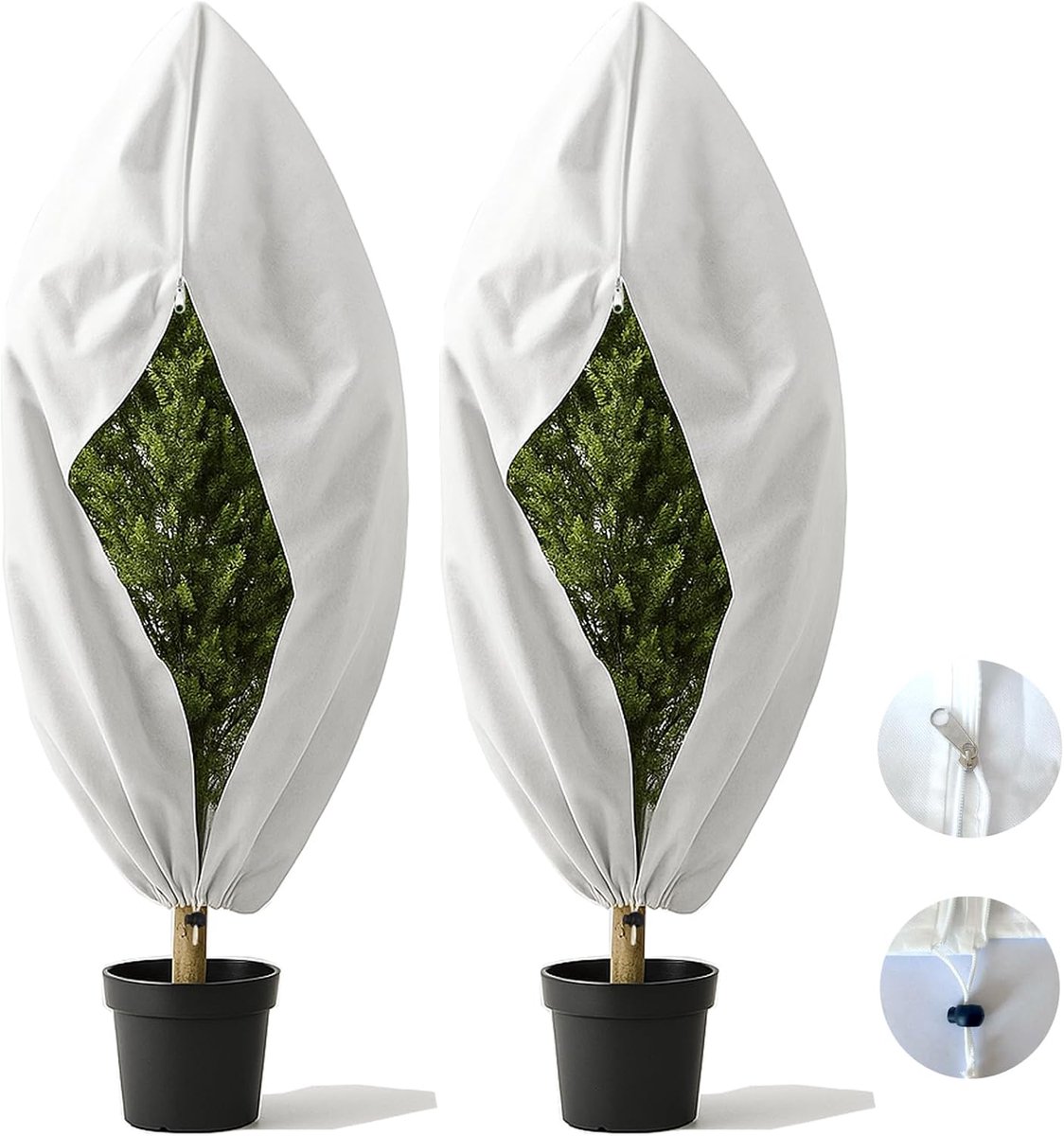 Winterbeschermhoezen voor planten - 2 stuks - 80 x 120 cm - Vorstbescherming voor planten - Winterhoes voor planten - Boomhoes - Winterbeschermhoezen voor potplanten met rits en trekkoord - Geschikt voor vorstbescherming van planten - Wit