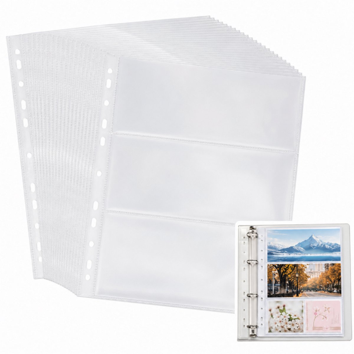 Fotohoezen - A4 TransparantFotobladen - TweeVak -Foto Insteekhoesjes -50 Stuks - voor 2/3/4 ringbanden - Zakformaat 21.5 x 10.2 cm