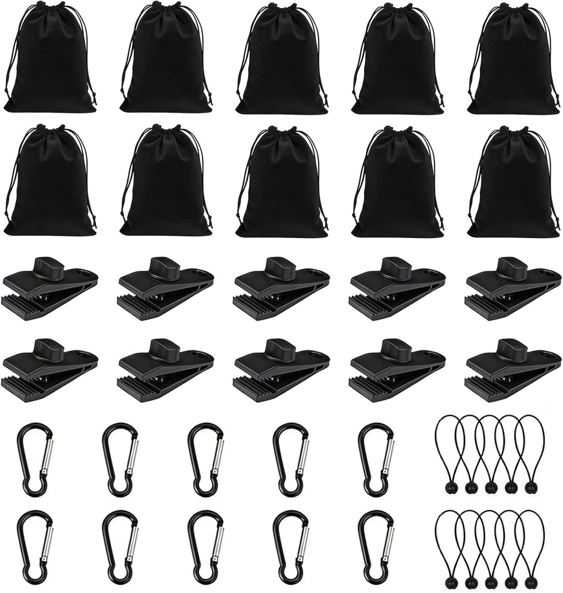 Draagbare gewichtszakken voor buitengebruik met 10 compartimenten, carabiners, clips en bungee cords voor tenten en gordijnen