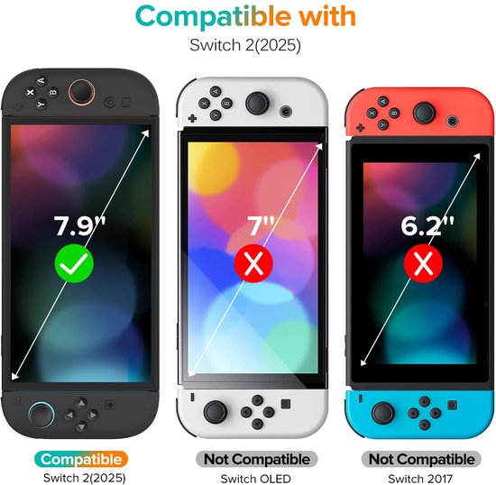 Drie Nintendo Switch-consoles: de zwarte Switch 2 (2025) is compatibel met een 7.9 inch scherm. De witte Switch OLED en rode/blauwe Switch 2017 zijn niet compatibel.