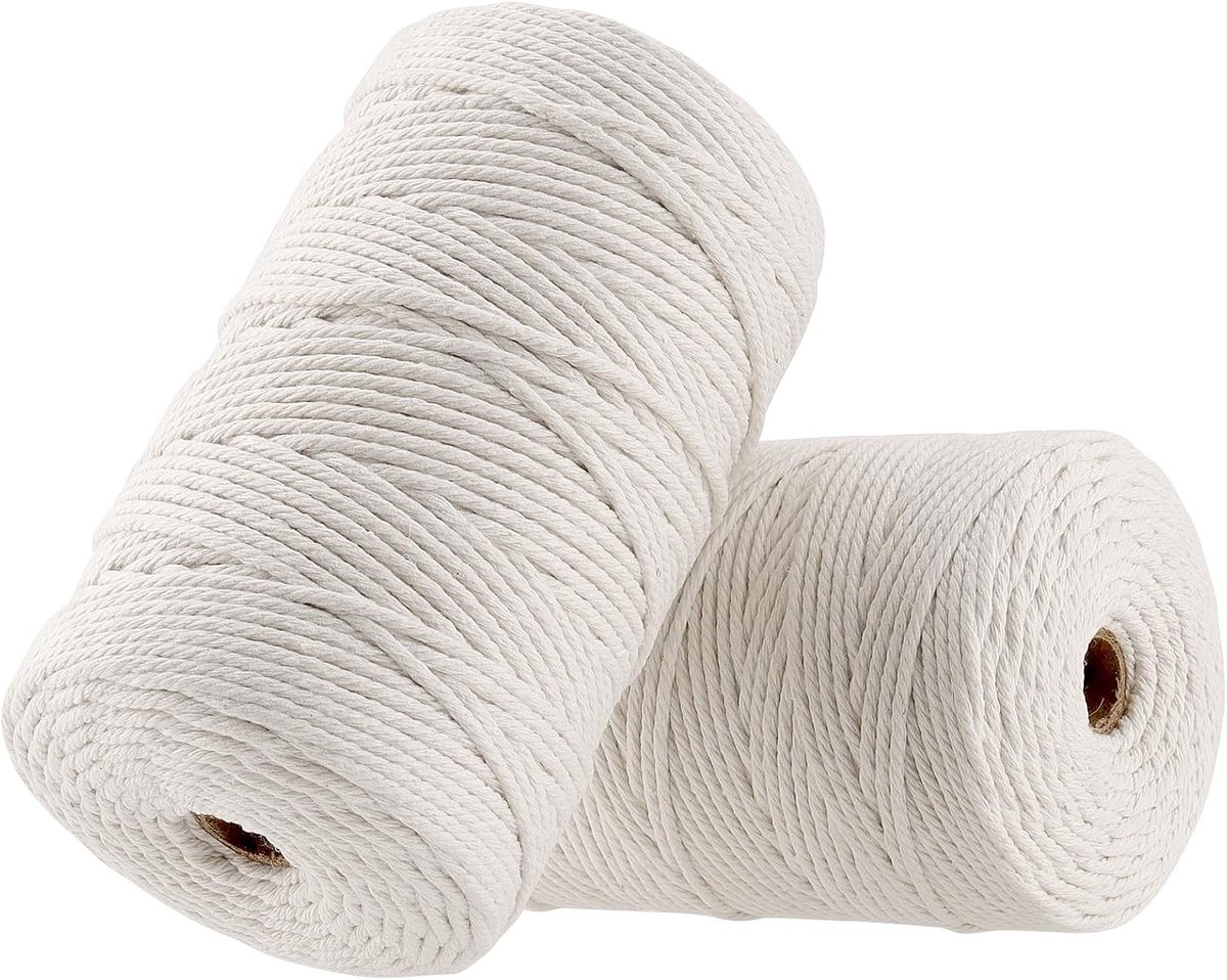 2 Stuks 3mm x 200m Macrame Katoen Koord, Gedraaid Wit Katoen Touw voor Creatieve Klussen en Ambachten