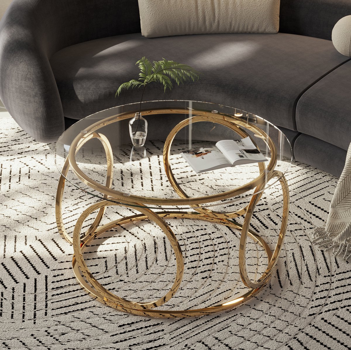 FloraGrace Salontafel - Ronde Glazen Tafel Met Veiligheidsglas En Metalen Frame - Voor Woonkamer En Kantoor - Goud - 80x80x45 Cm