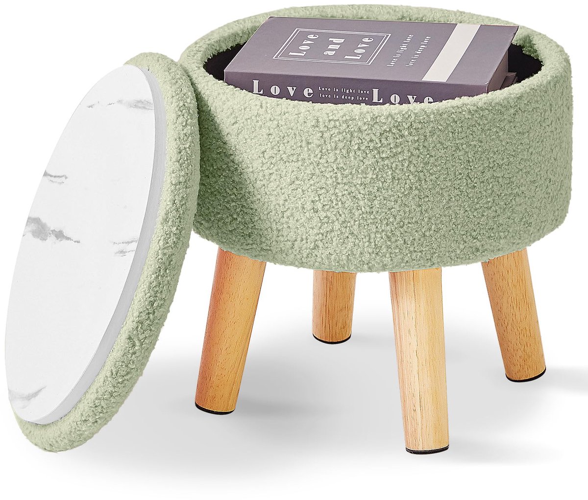 Famanu – Kleine voetenbank van teddy fluweel, rond poef met opbergruimte, met gevoerde zitting en houten poten, groen, 33 cm, voor woonkamer en slaapkamer