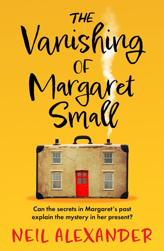 Boek kaft: THE VANISHING OF MARGARET SMALL, met een koffer die op een huis lijkt met een rode deur, op een gele achtergrond.