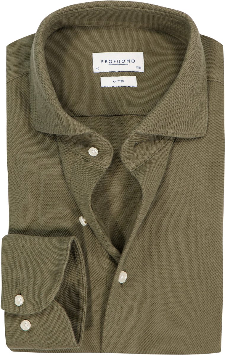 Profuomo slim fit heren overhemd - jersey - groen - Strijkvrij - Boordmaat: 38 (EU maat: S)