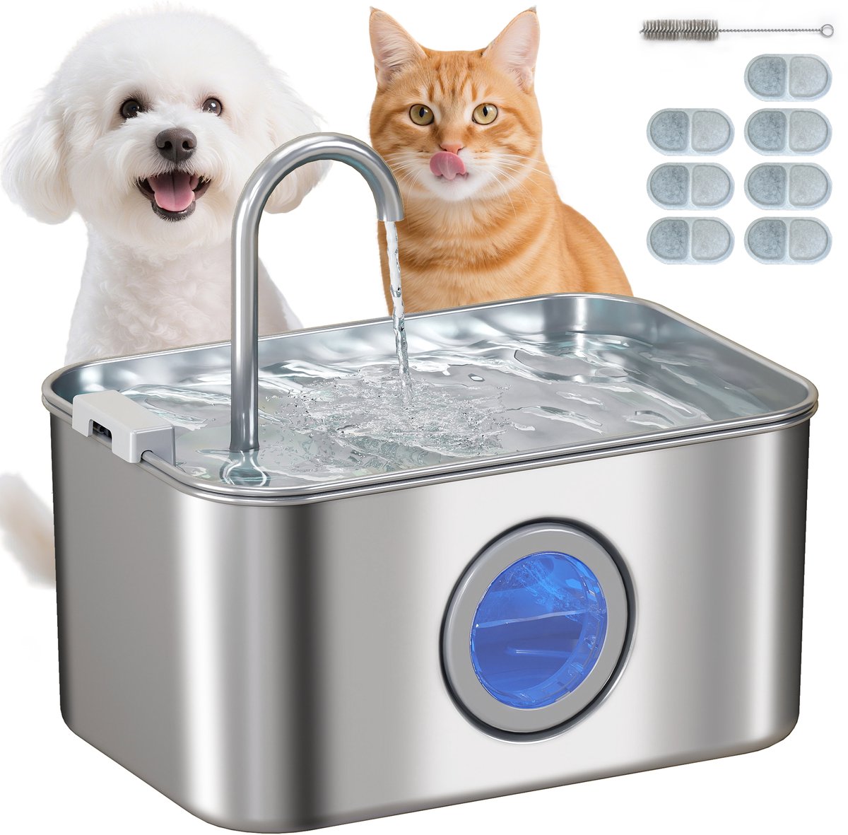 PawHut Huisdier Waterfontein Roestvrij staal 23L x 15,5B x 19,4H cm Zilver