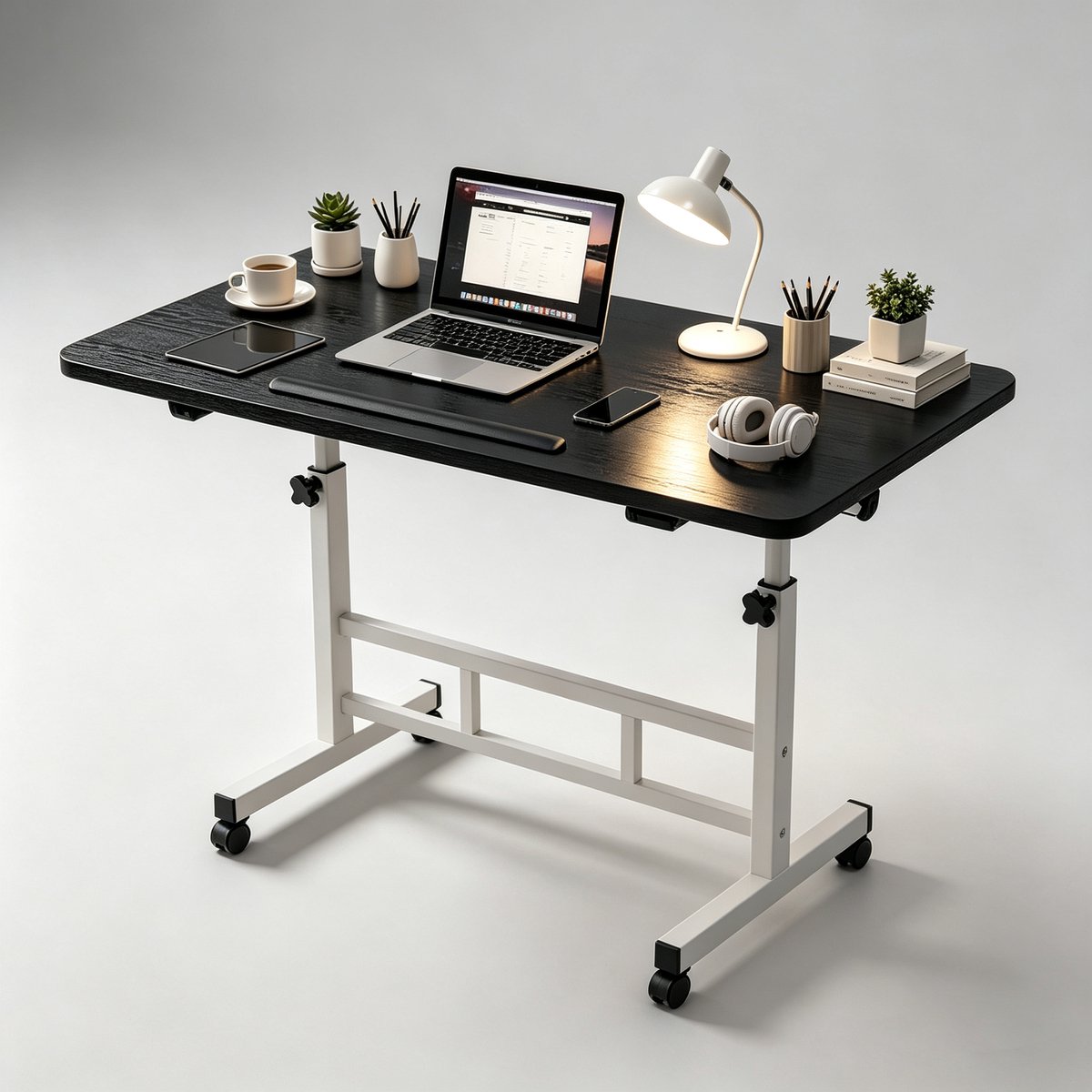 In hoogte verstelbaar mobiel bureau draagbaar laptopbureau compact staand bureau op wielen geschikt voor thuiswerkplekken (80*40*65-87 cm zwart walnoot)