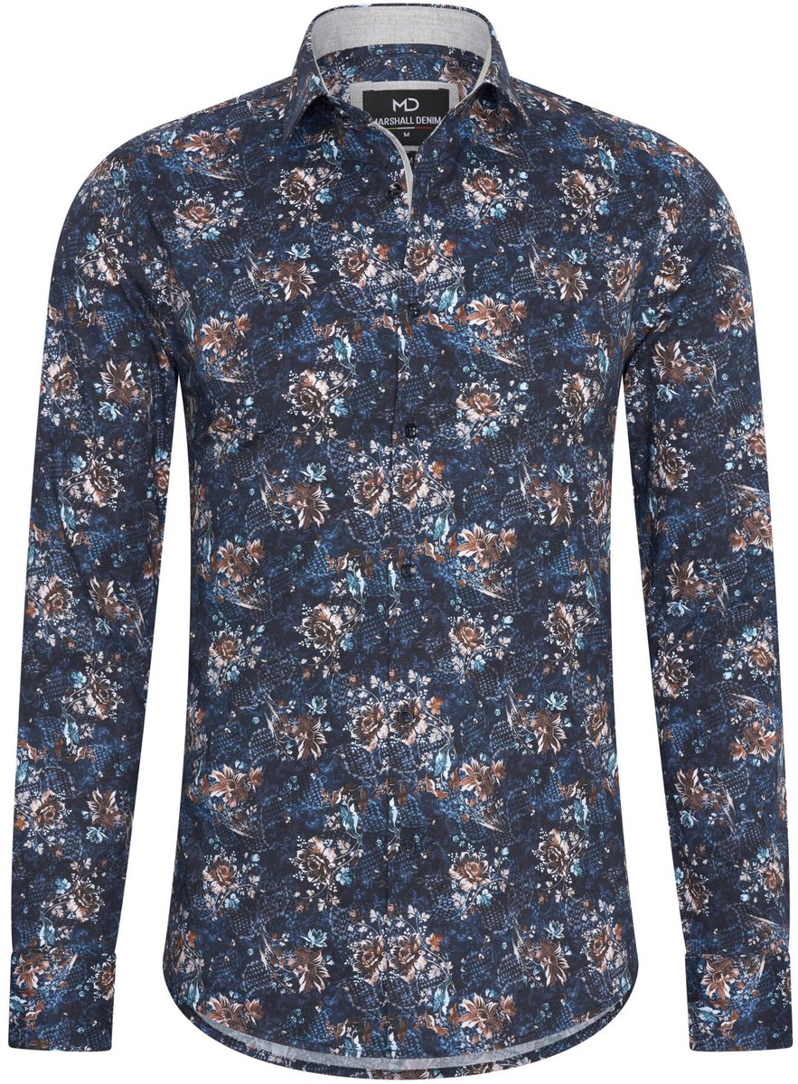 Marshall Denim - Italiaans Overhemd Heren - Hoge Kraag - Print - Moda Italia