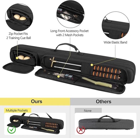 Biljartkeu Etui voor 1 Keu en 1 Schacht, Pool Cue Case met Handvat en Afneembare Schouderriem, Gewatteerde Opbergtas met Accessoirezakken — afbeelding 5