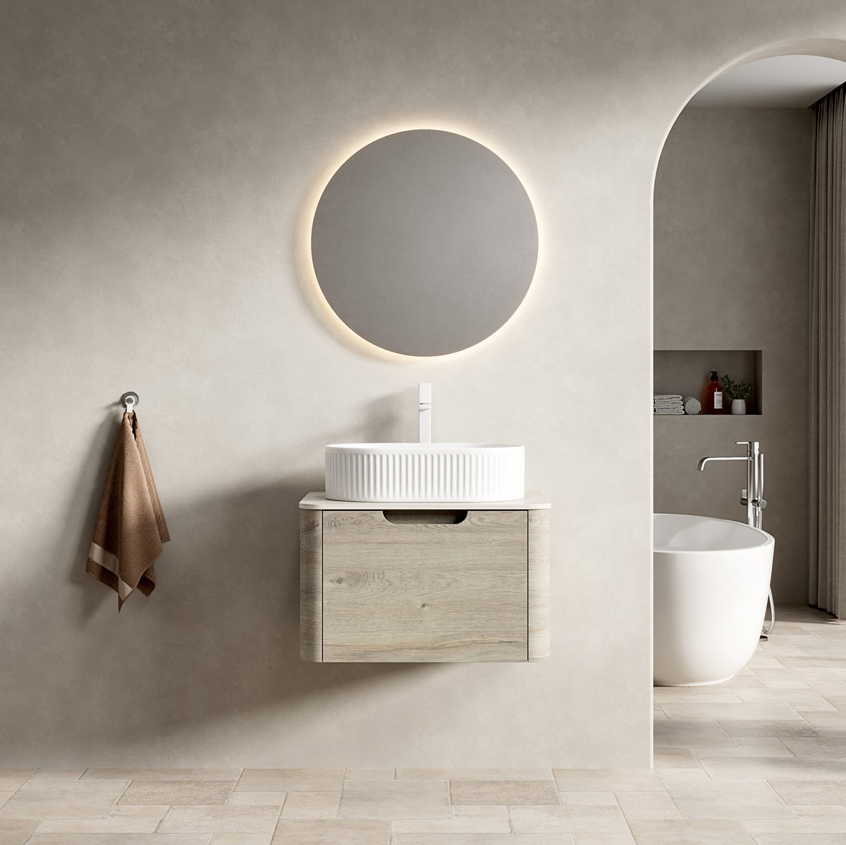 MIVRAY Badkamermeubel - Zwevend Met Ovale Wastafel - Travertinlook Werkblad - Lade Met Softclose - Multiplex - 60x46x50,2 Cm - Beige
