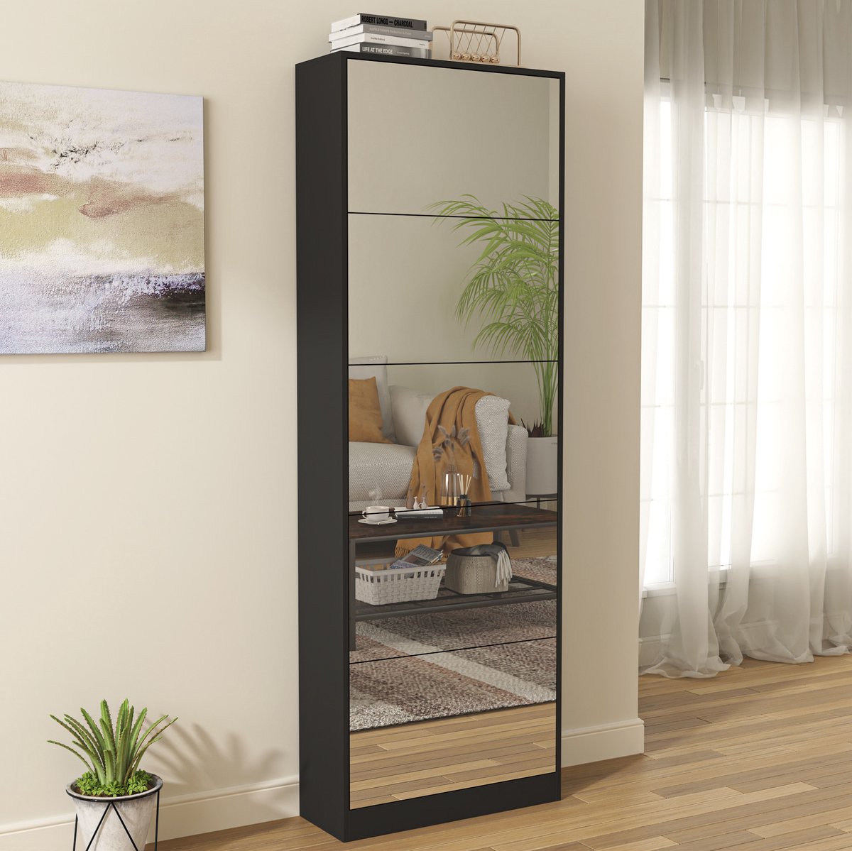 MIVRAY Schoenenkast Met Spiegel - Smal Vrijstaand Model Met 5 Klaplades En Dubbele Lagen - Voor Hal En Entree - MDF - Zwart - 63x24x185 Cm