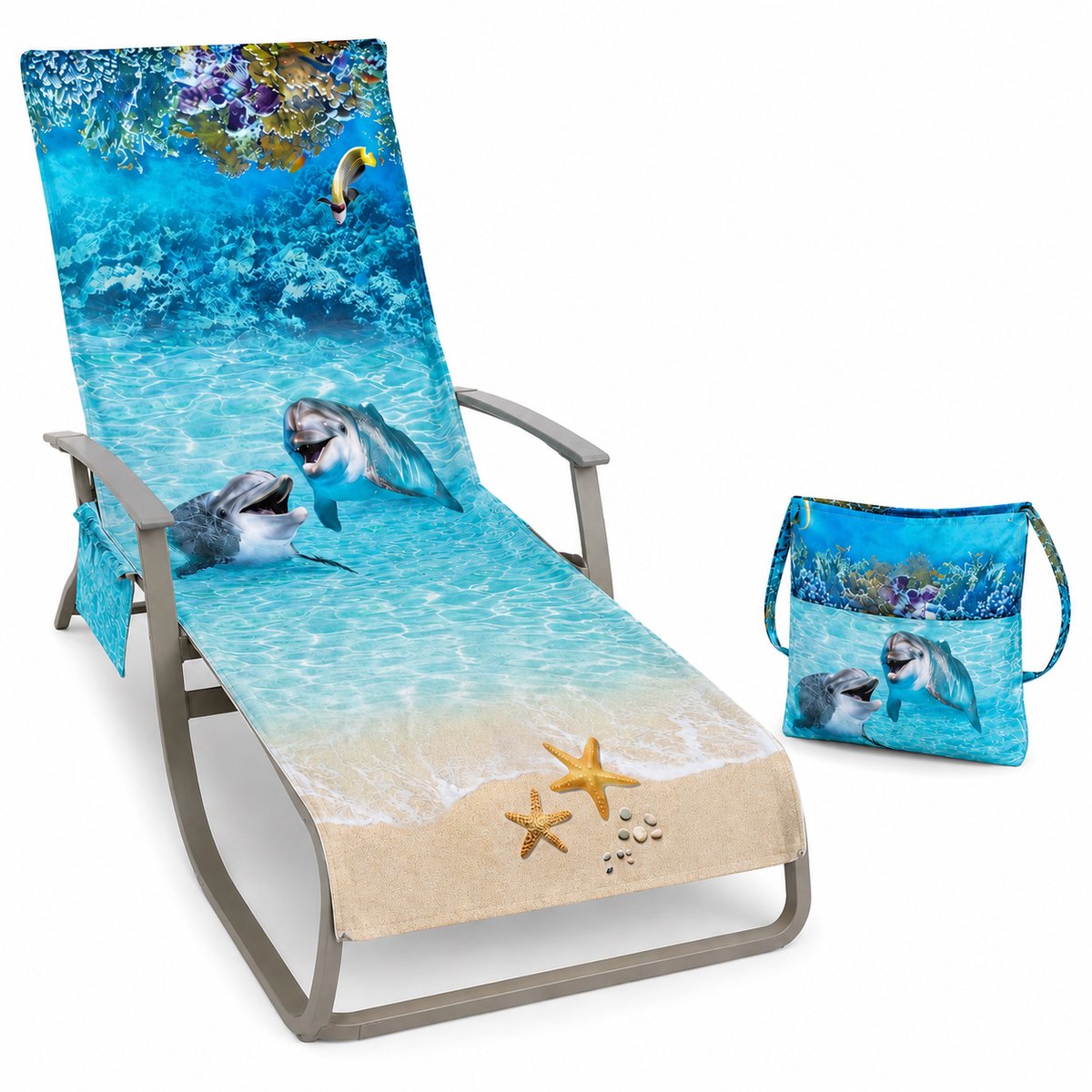 Strandstoel Hoes- 75x210 cm - Microvezel Strandlaken met Zijvakken voor Ligbed en Zwembad - Antislip Ligstoel Handdoek voor Strand en Vakantie - Blauw