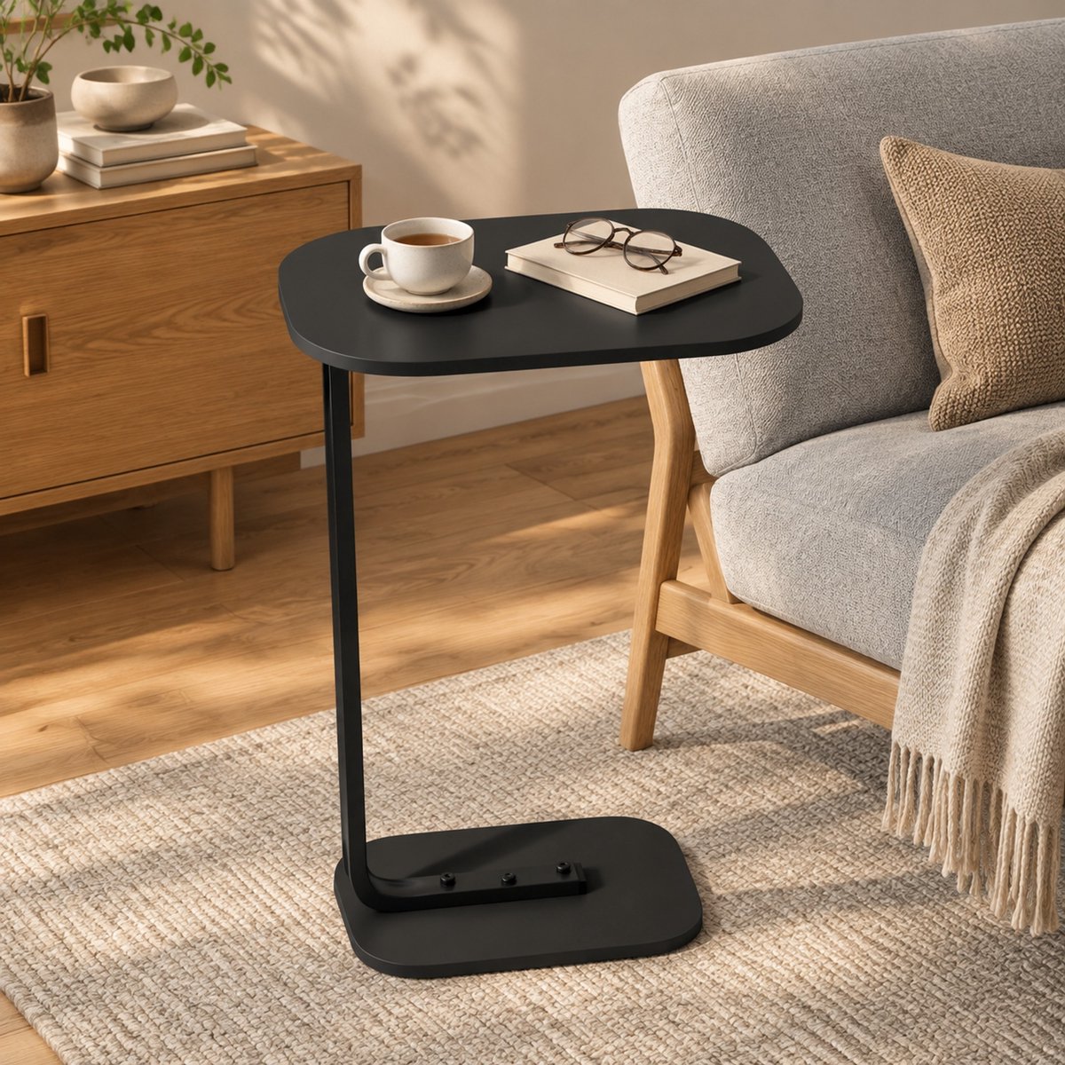 MIVRAY Bijzettafels – Sidetable C-Vormige Bijzettafel Met Hout + Metaal, Ruimtebesparend Voor Woonkamer En Slaapkamer – Zwart (Ovaal)