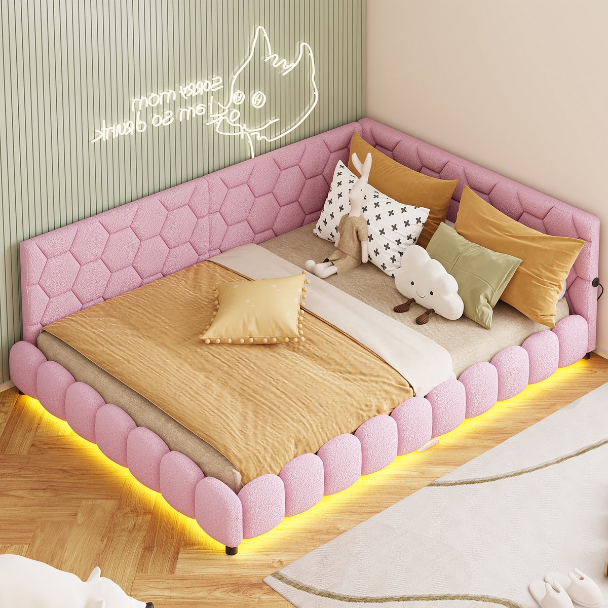 Volwassen bed 140x200 cm, tweepersoonsbed met LED, gestoffeerd bedframe en L-vormig hoofdbord, slaapkamermeubel, slaapbank, teddy stof, roze, zonder matras