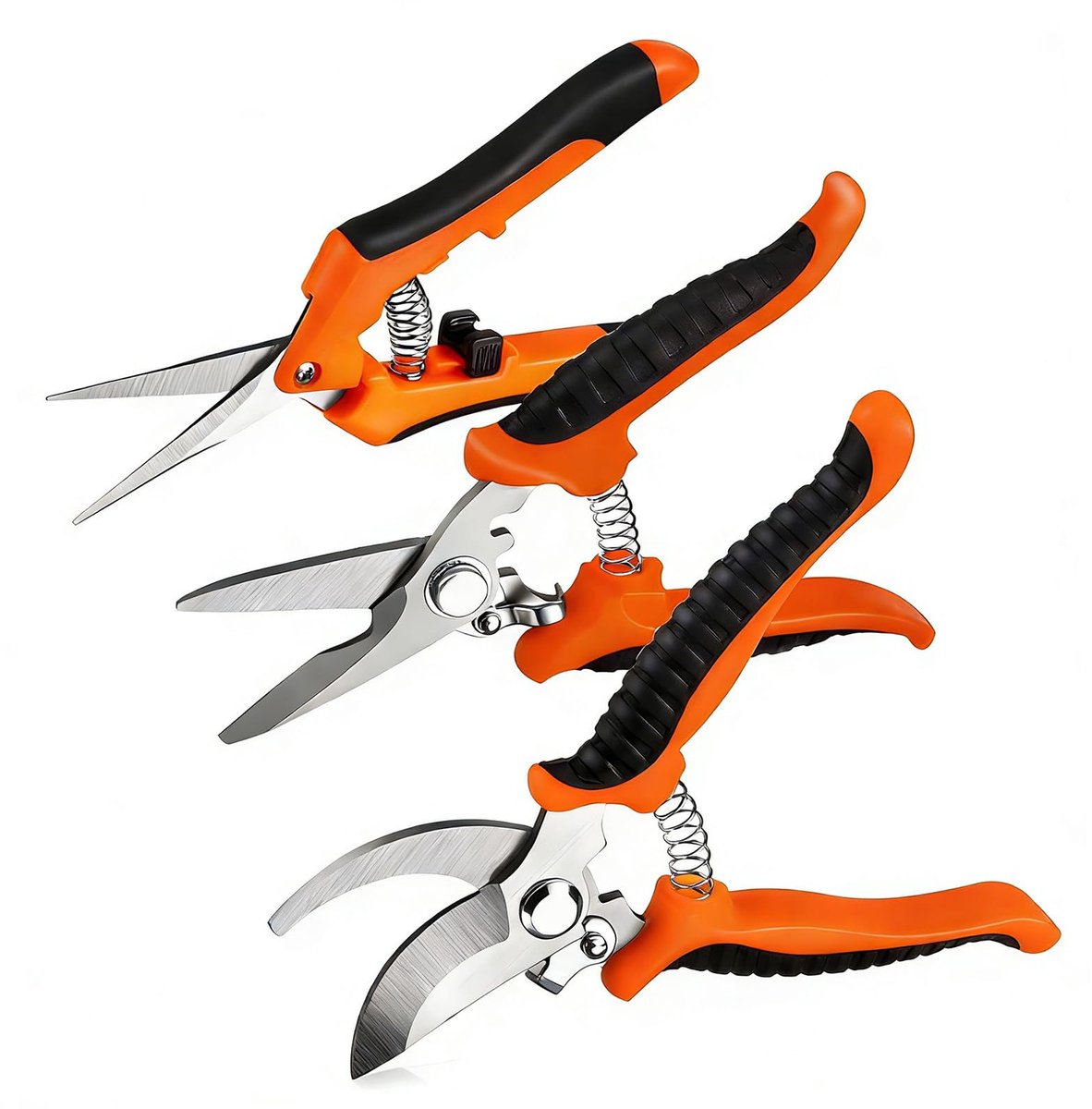 Famanu – Tuinschaar set van 3 stuks, roestvrijstalen tuinschaar voor rozen, planten, takken, bloemen, fruit en groenten, oranje