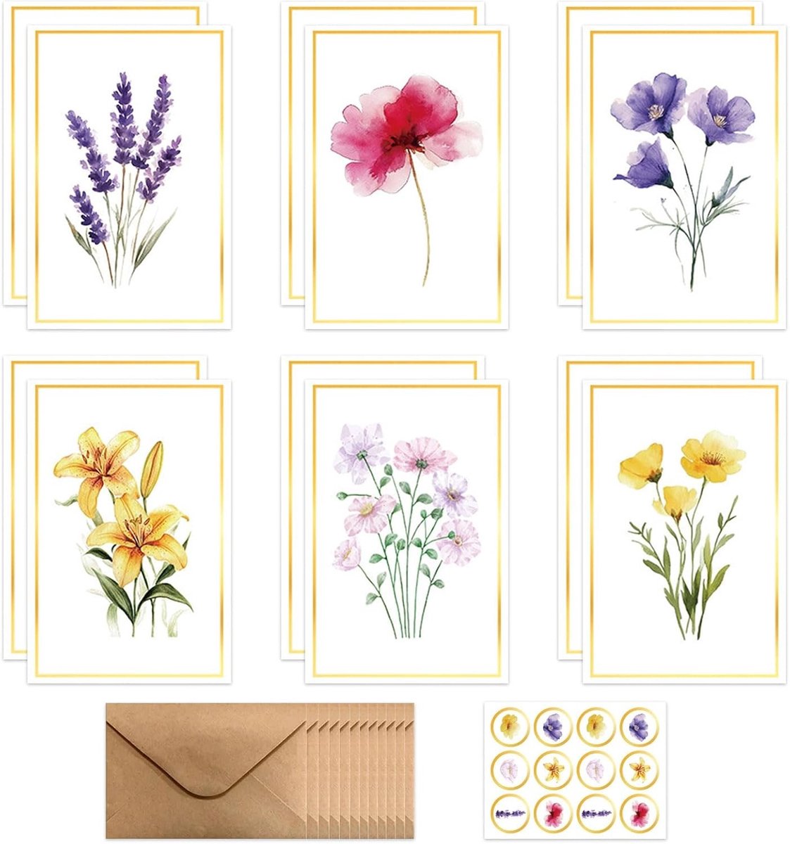 Bloemen Wenskaarten Set - Multicolor - 15 x 10 cm - Vouwkaarten met Enveloppen - Voor Verjaardagen en Bedankjes