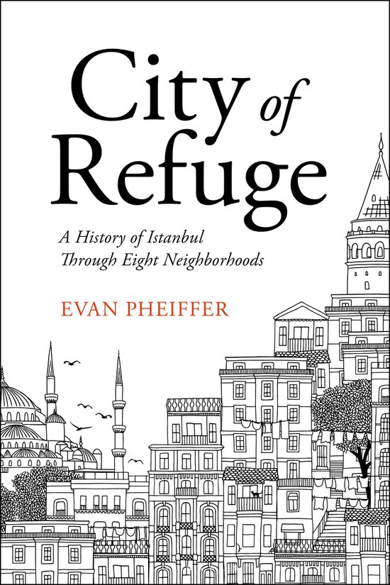 Boek 'City of Refuge' met illustraties van Istanbul en de titel in zwart en oranje.