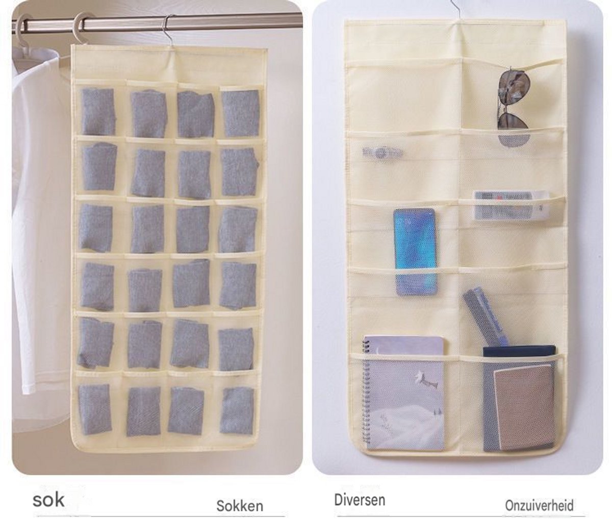 "Dubbelzijdige Hangende Ondergoed Organizer Met 36 Vakken (12 Voorzijde + 24 Achterzijde), RVS Haak, 46x80cm Opbergzak Voor Bh, Sokken en Onderbroeken Ruime Hangende Opberghouder Voor Ondergoed en Sokken, Dubbelzijdig Met Draaibaar Haak"