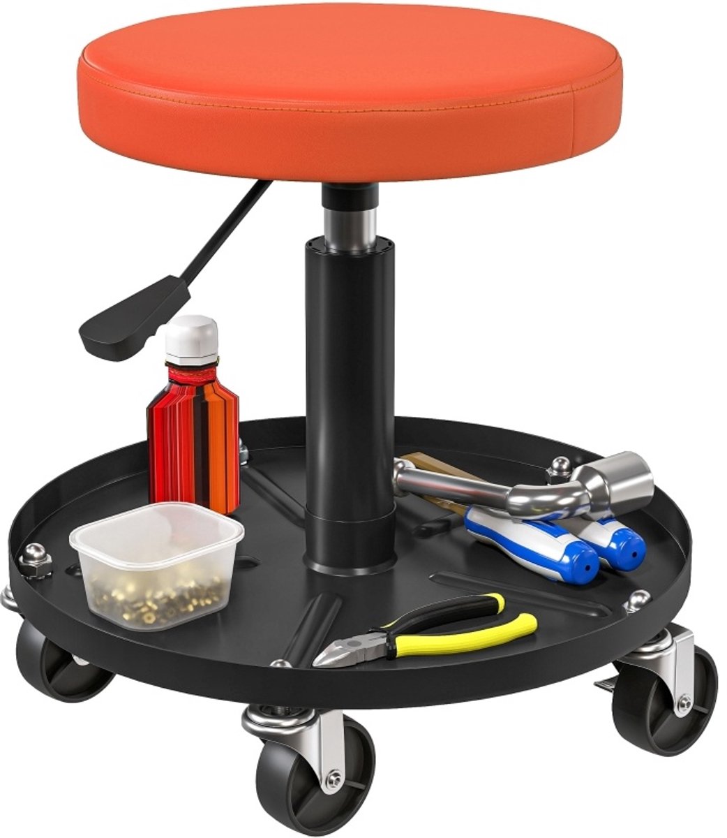 REDOM - Werkstatthocker met wielen - Hoogteverstelbaar 38-50 cm - Draaibaar - Opbergbak - Industrieel - Werkplaats - Leer - Oranje - Ø38 cm