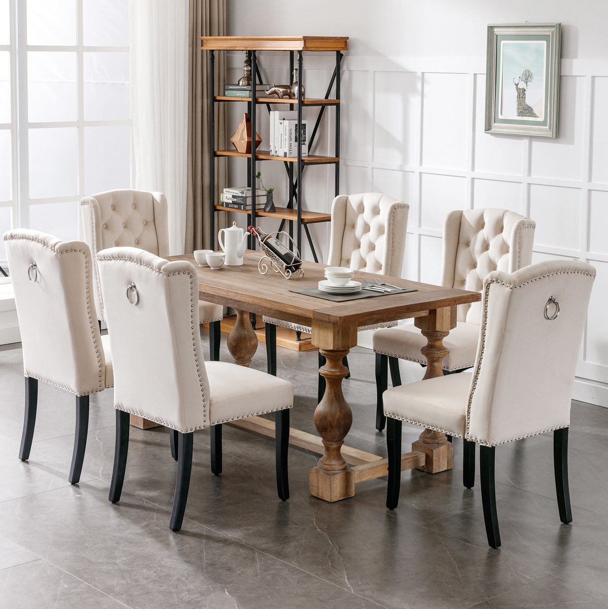 Eetkamerstoel Set van 6 100 cm - Gecapitonneerd Met Knopen En Nieten - Voor Eetkamer En Woonkamer - Hout - Beige