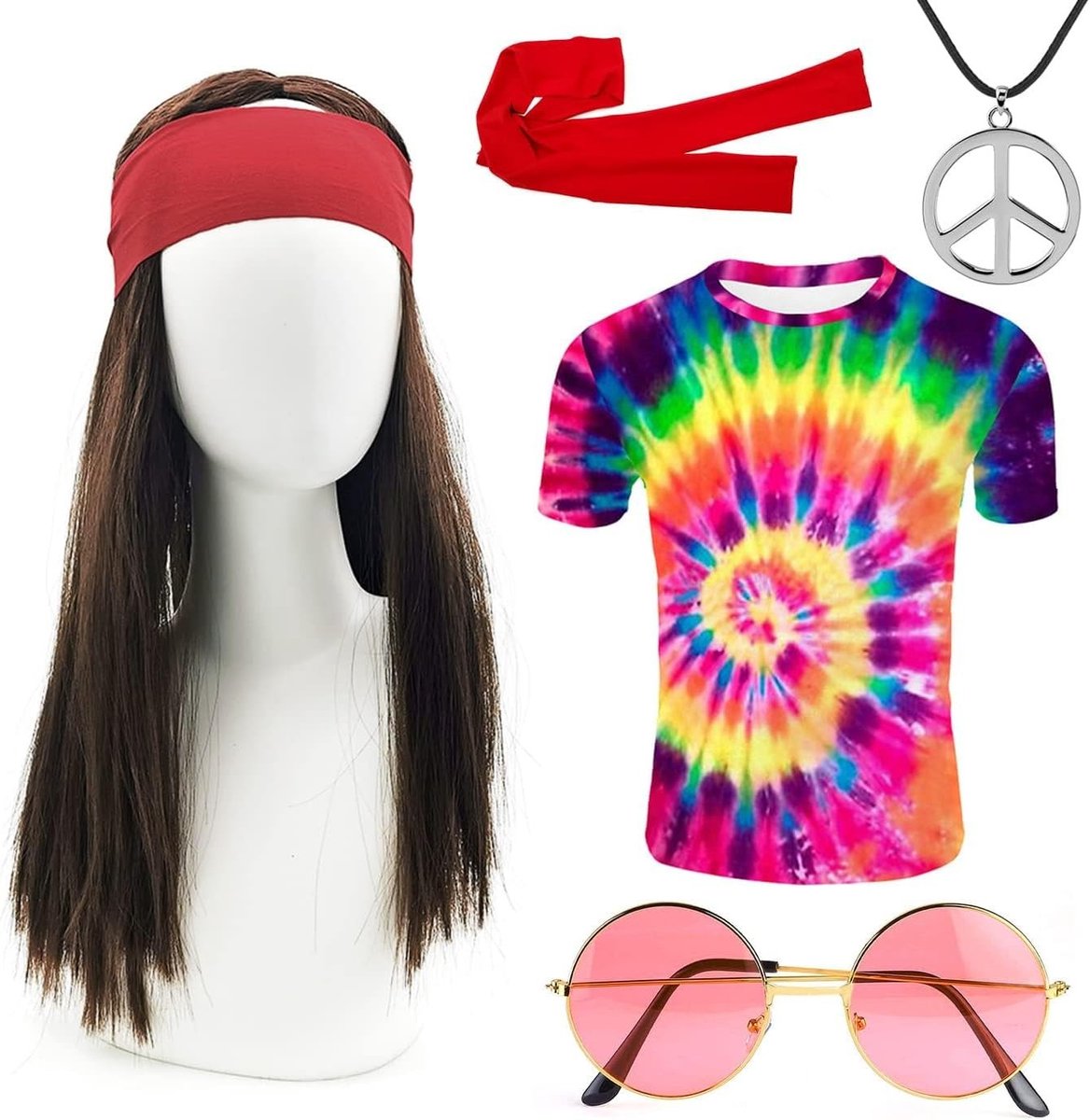 Hippie Kostuums T-Shirt, Wimpers, Zonnebrillen en Vredesketting voor Rock Star Feestjes in de Jaren 60 tot 90