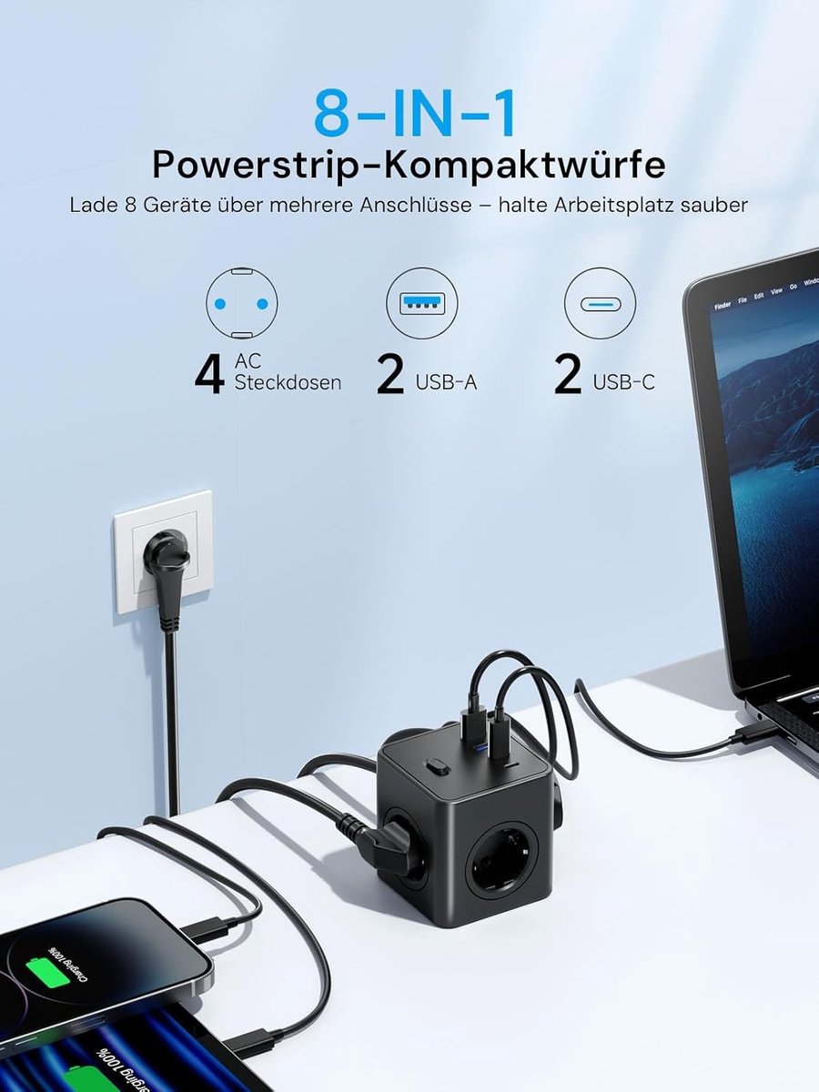 Stekkerdoos met USB - Zwart - 1.5M - 8-in-1 Stekkerstrip met Plat Stopcontact en Schakelaar - Voor Thuis en Kantoor