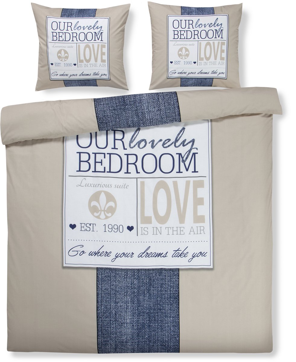 Padiro dekbedovertrek 135 x 200 cm - beige / blauw - modern tekstprint LOVE met denim look - 100% katoen - met 1 kussensloop 80 x 80 cm