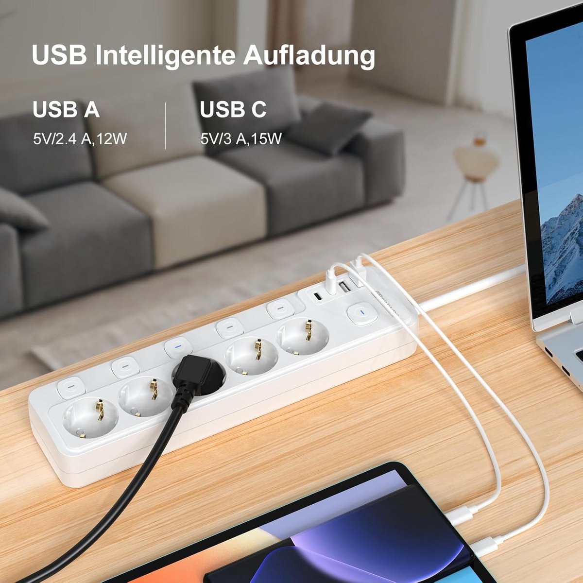 Meervoudige Stekkerdoos met Individuele Schakelaar - Zwart - 5-Voudig - Met 2 USB A en 2 USB C - Voor Thuis en Kantoor