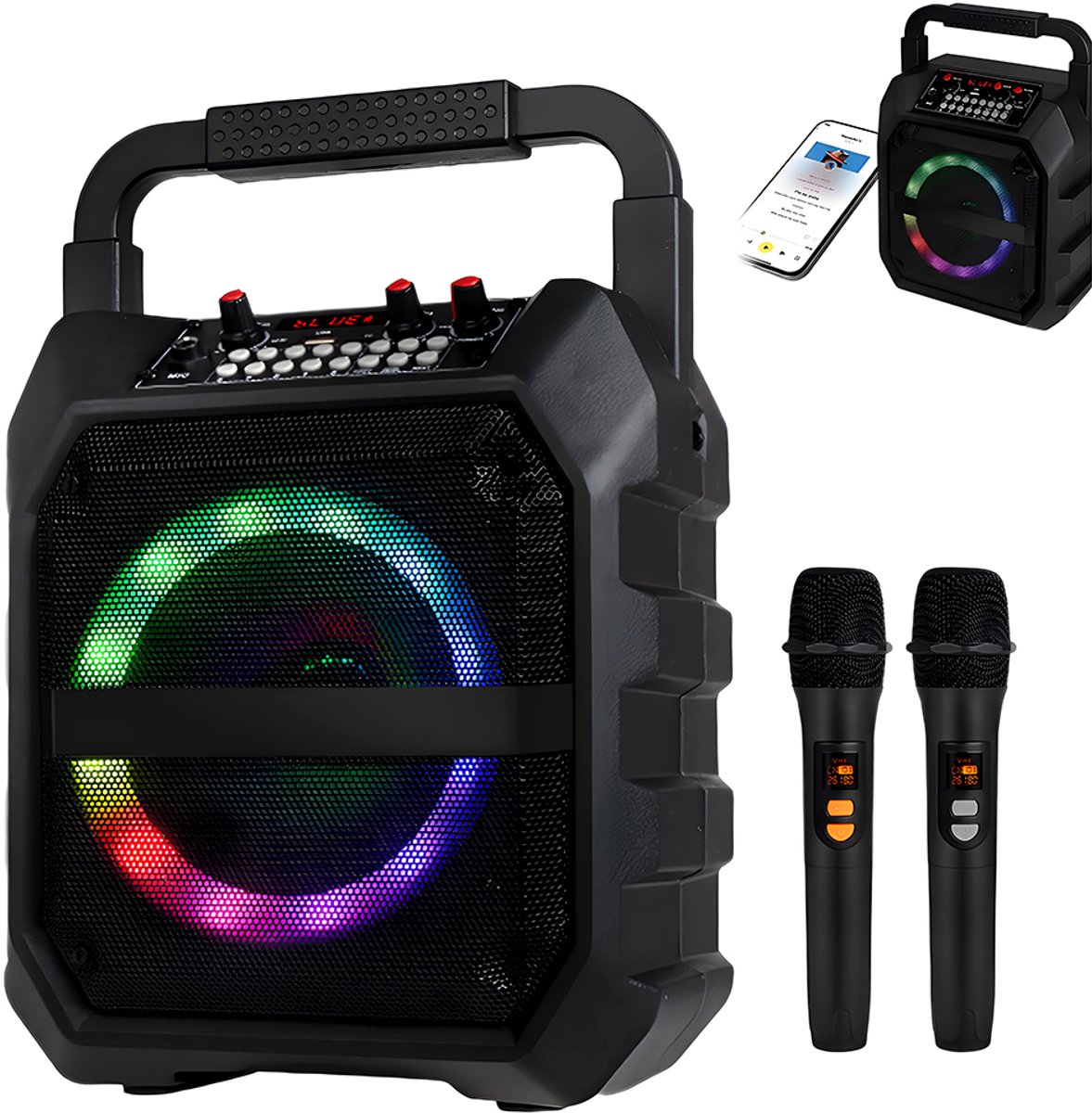 Karaokeset met luidsprekers - Inclusief 2 draadloze microfoons - Met lichteffecten - Buitenluidspreker - Draagbare Bluetooth-luidspreker - Luidspreker voor thuisfeesten - Microfoon en luidspreker in één - Zwart