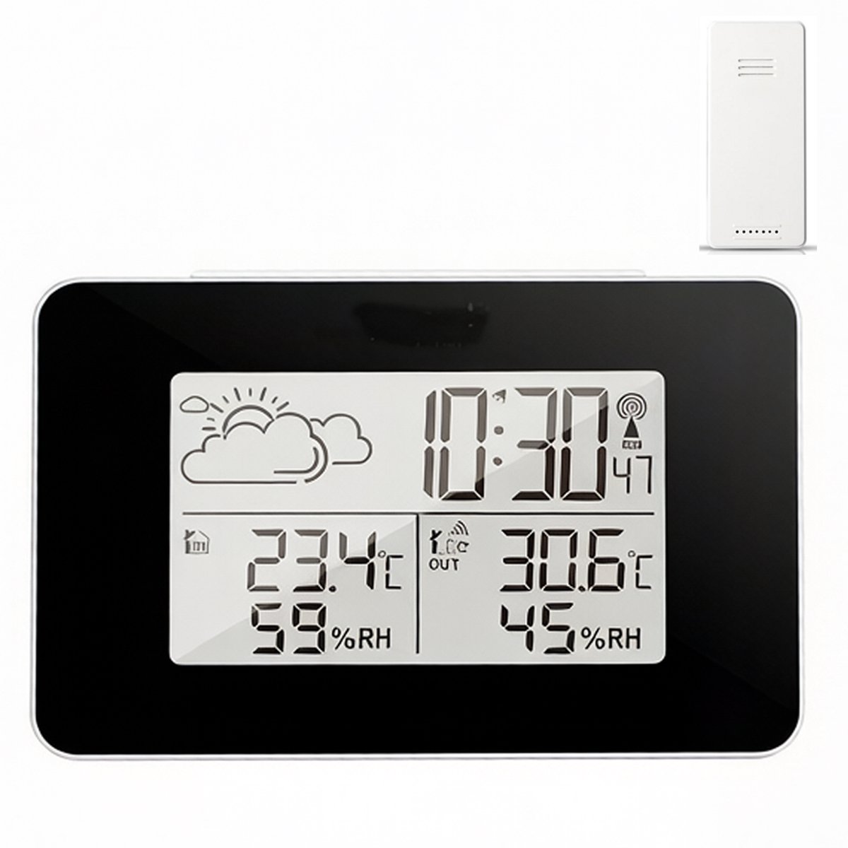 Draadloos weerstation – Thermometer, hygrometer en buitensensor – Snooze-functie – Multifunctionele wekker – Weersvoorspelling – Kunststof – Zwart