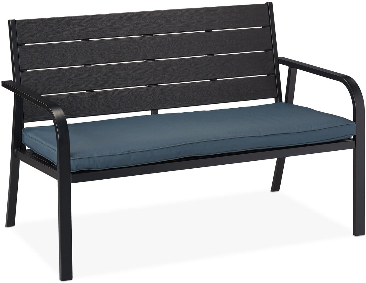Famanu – Tuinbank met kussen, houtlook, 2-zits, stevige balkonbank, afmetingen : 78 x 118 x 66 cm, zwart/antraciet